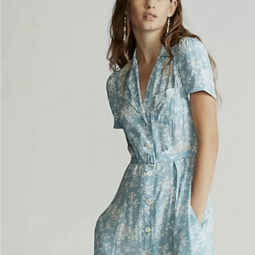 Women’s NWT POLO RALPH LAUREN Floral blue & white Crepe Midi Dress button up